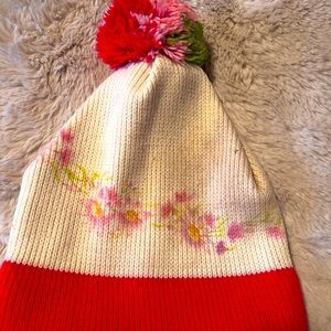 Vintage Pink Flower beanie with pom poms